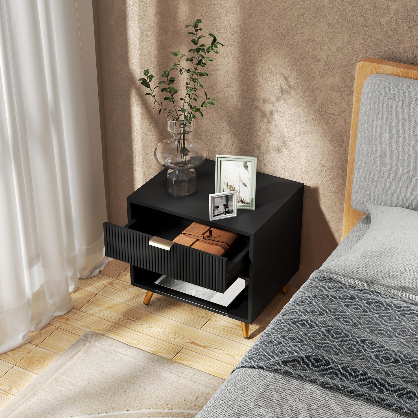 Nightstand with Fluted Panel, Bedside Table with Drawer and Open Compartment, Modern Night Table for Bedroom, Black