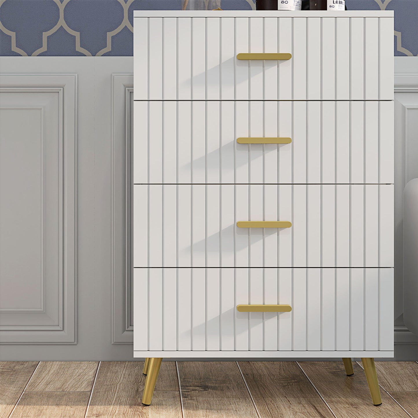 4 Drawer Cabinet, Drawer Chest for Bedroom, Chest of Drawers with Aluminium Legs and Gold Handles, White