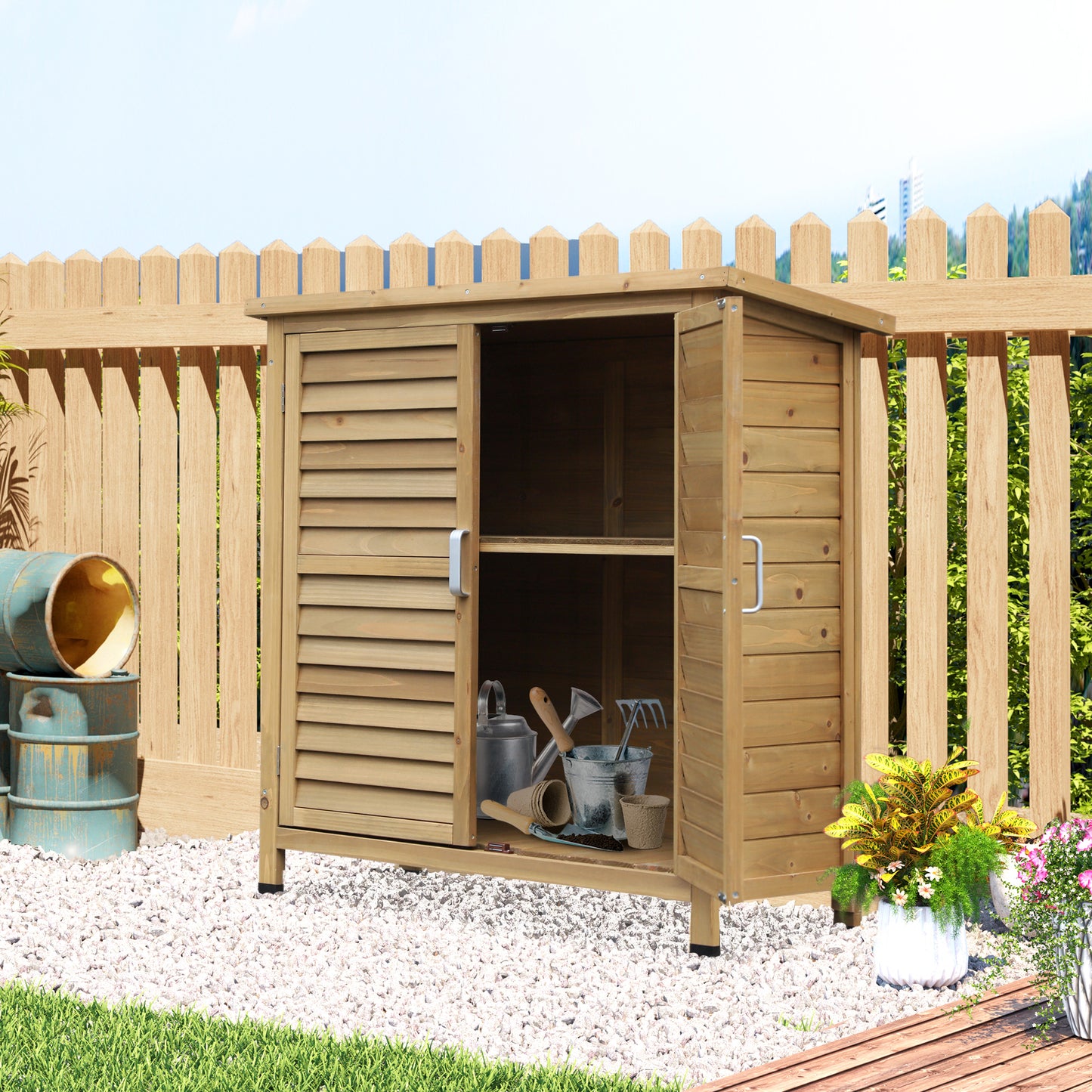 Wooden Garden Storage Shed Kit Wood Garage Tool Organisation Cabinet with 2 Door , 34" x 18" x 38", Natural