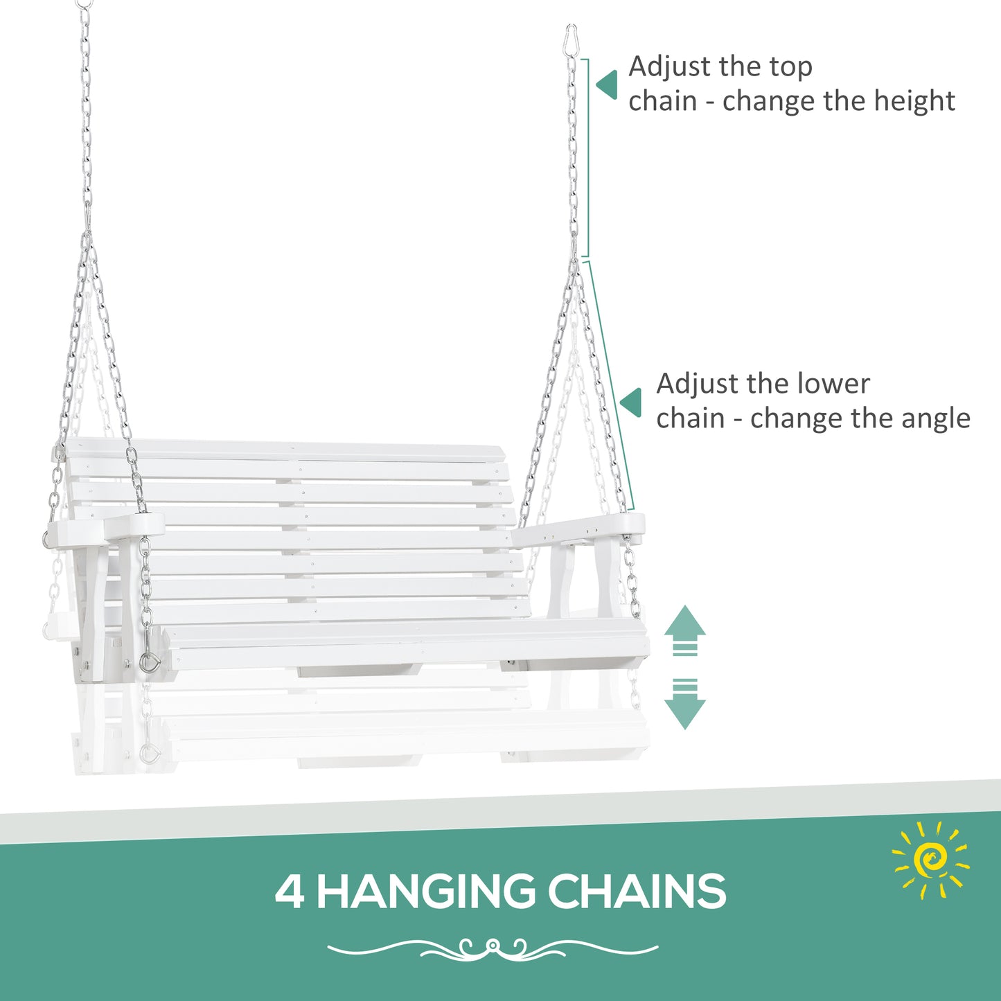 2 Seater Porch Swing Wooden Patio Swing Chair Seat with Cup Holder and Chains Outdoor Swing Bench for Garden Yard, White