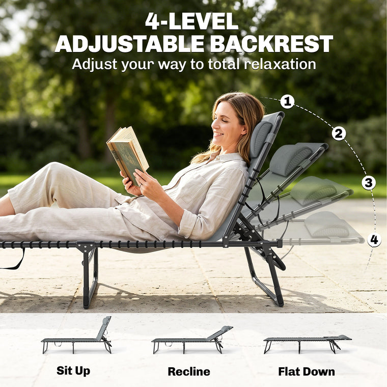 Folding Adjustable Chaise Lounge Cot with Headrest