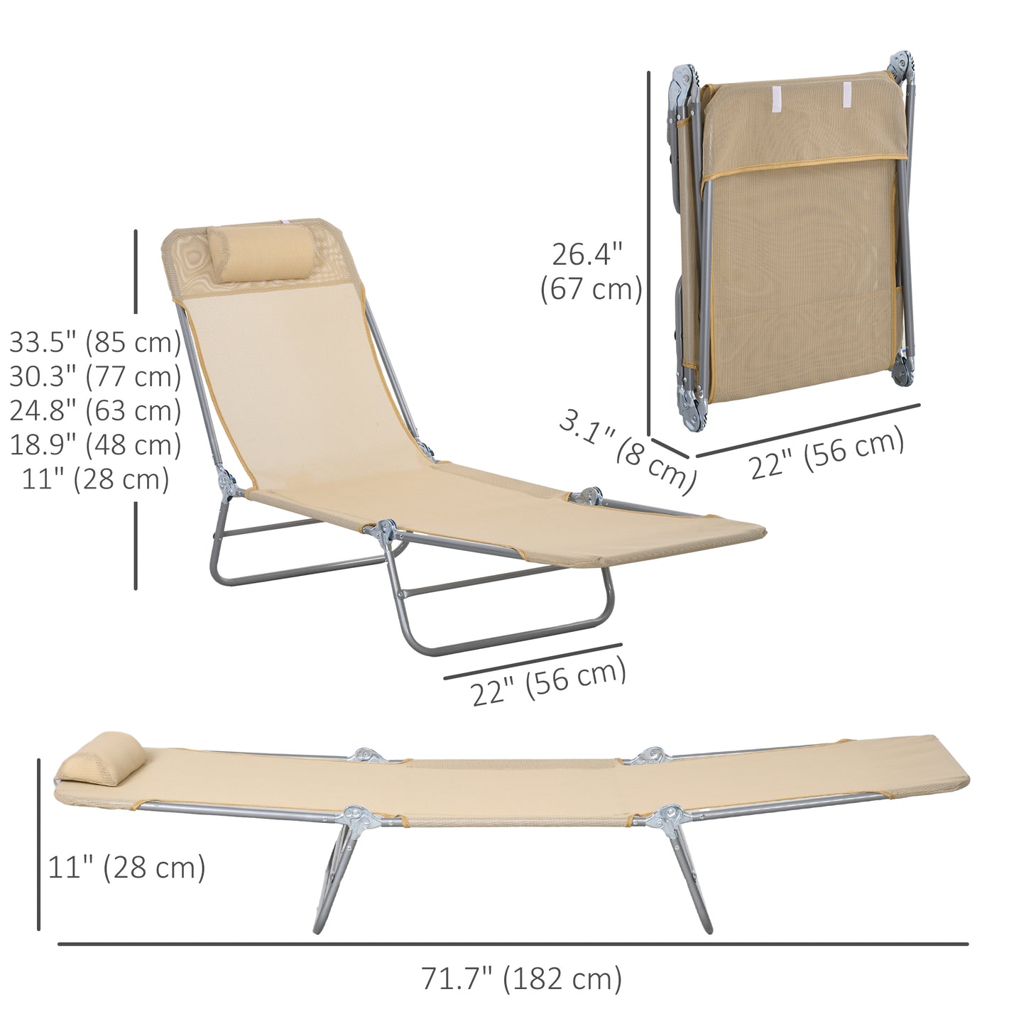 Folding Outdoor Lounge Chair Set of 2, Reclining Tanning Chair with 5-Position Adjustable Backrest, Brown