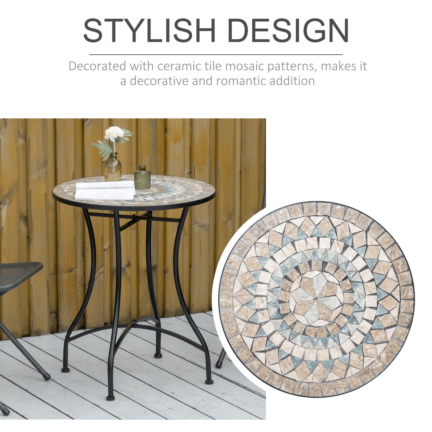 Mosaic Patio Table, Round Coffee Table with Metal Frame, Garden Furniture for Outdoor, Poolside, Green