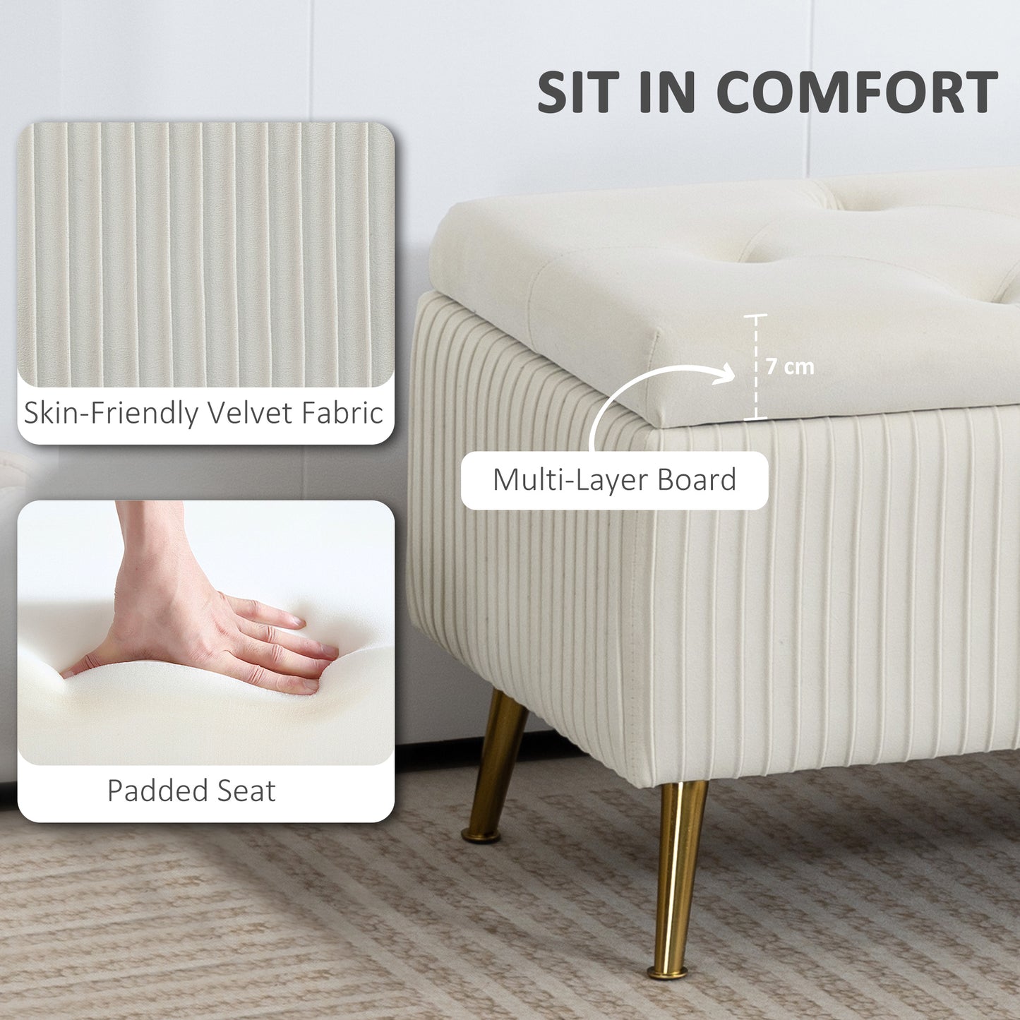 Storage Ottoman Bench, 43 Inch Large Storage Chest with Steel Legs and Padded Seat, Foot Rest, Load 485 lbs, Beige