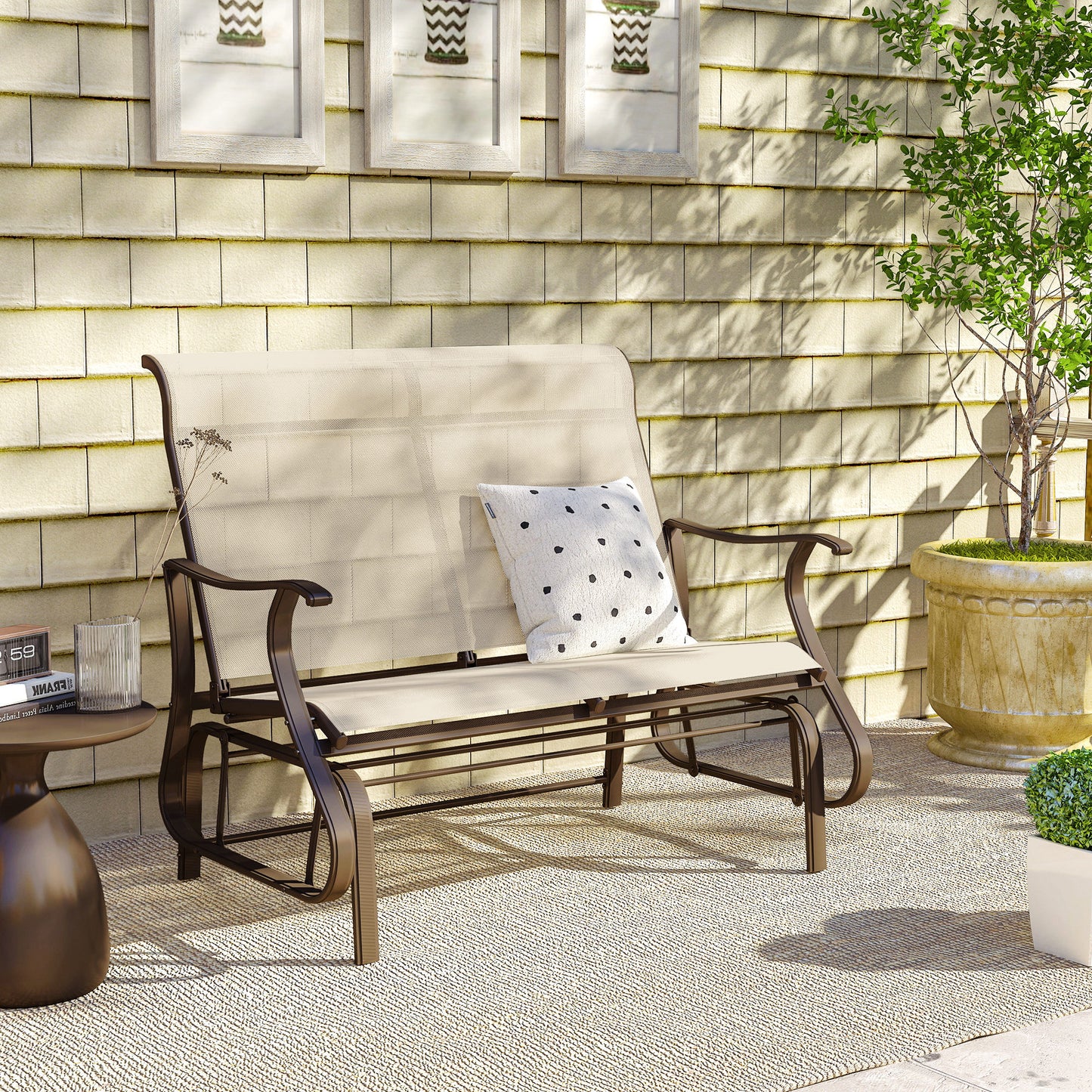 Garden Double Gliding Chair, Patio Glider Armchair for Outdoor, Backyard Mesh Seat and Backrest, Steel Frame, Light Grey