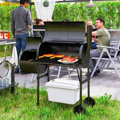 Black Charcoal BBQ Grill with Offset Smoker & 2 Shelves