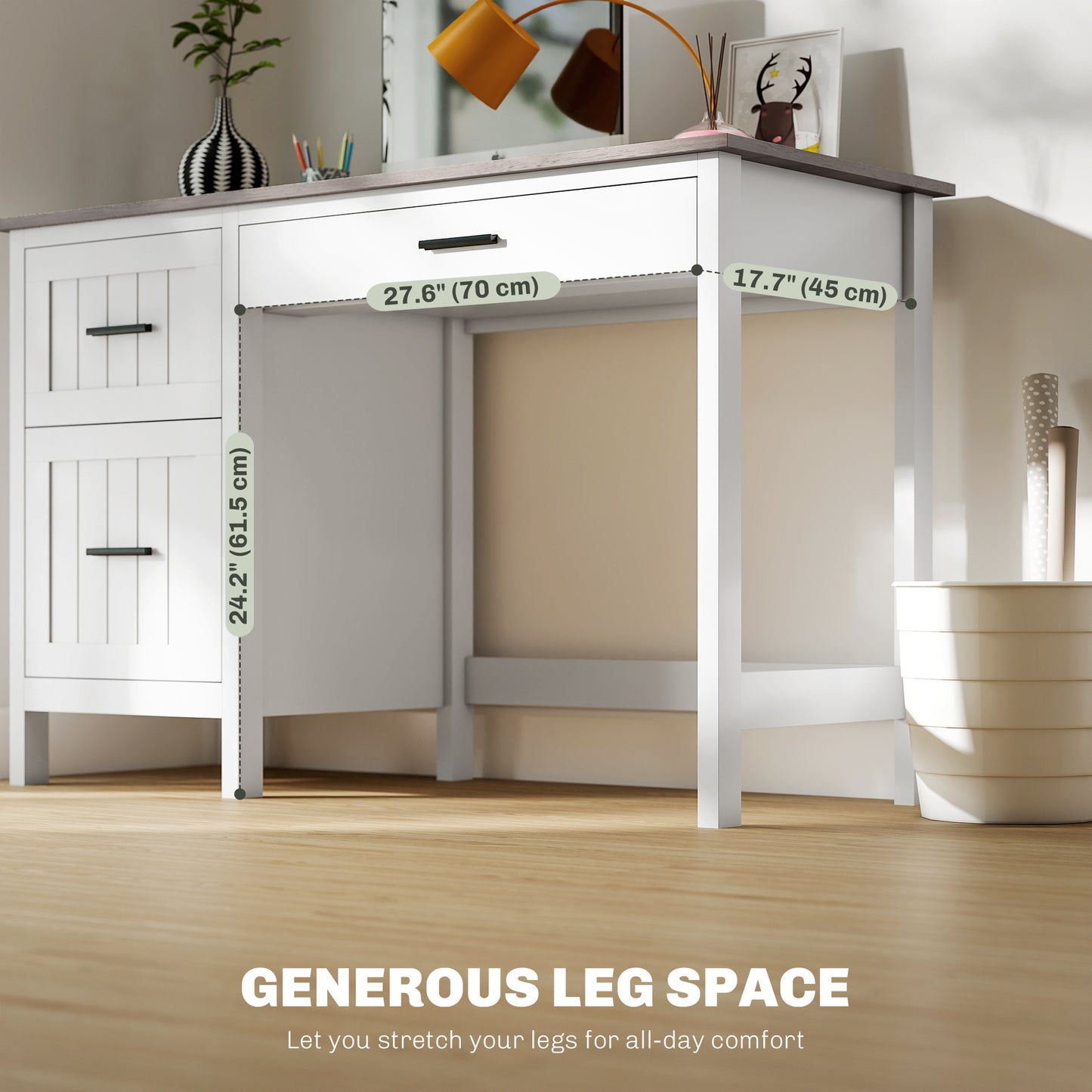 Computer Desk with 3 Drawers, Farmhouse Home Office Desk with File Drawer and Wood Grain Top for Small Spaces, White