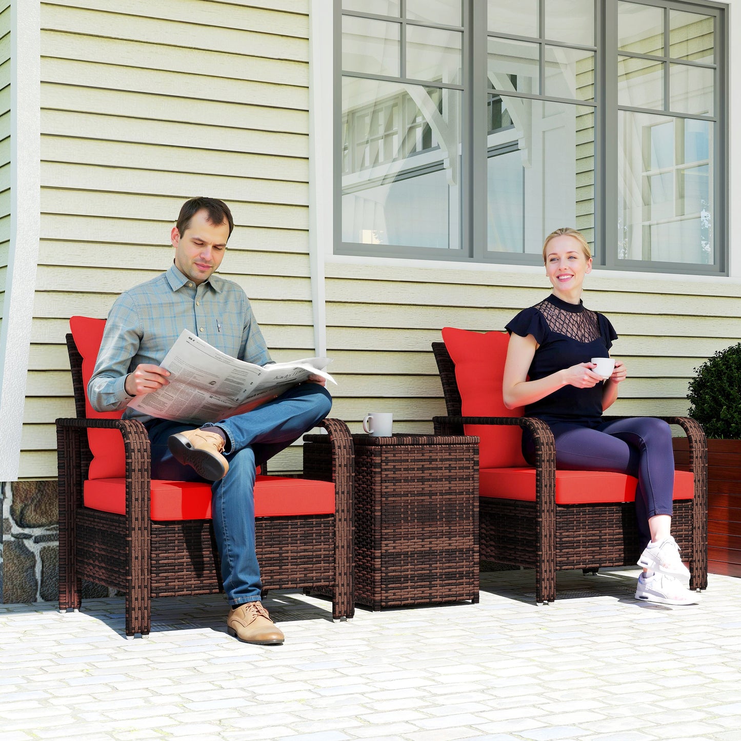 3 Pieces Wicker Patio Furniture Set, Rattan Bistro Set with Storage Coffee Table and Thickened Cushions, Outdoor Conversation Set for Garden, Porch, Balcony, Beige