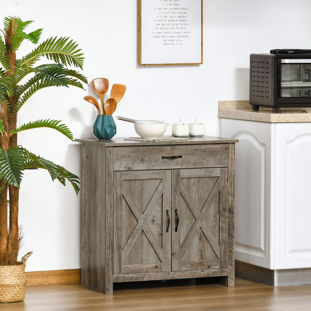 Farmhouse Sideboard Buffet Cabinet, Storage Cabinet with Barn Doors, Ash Grey