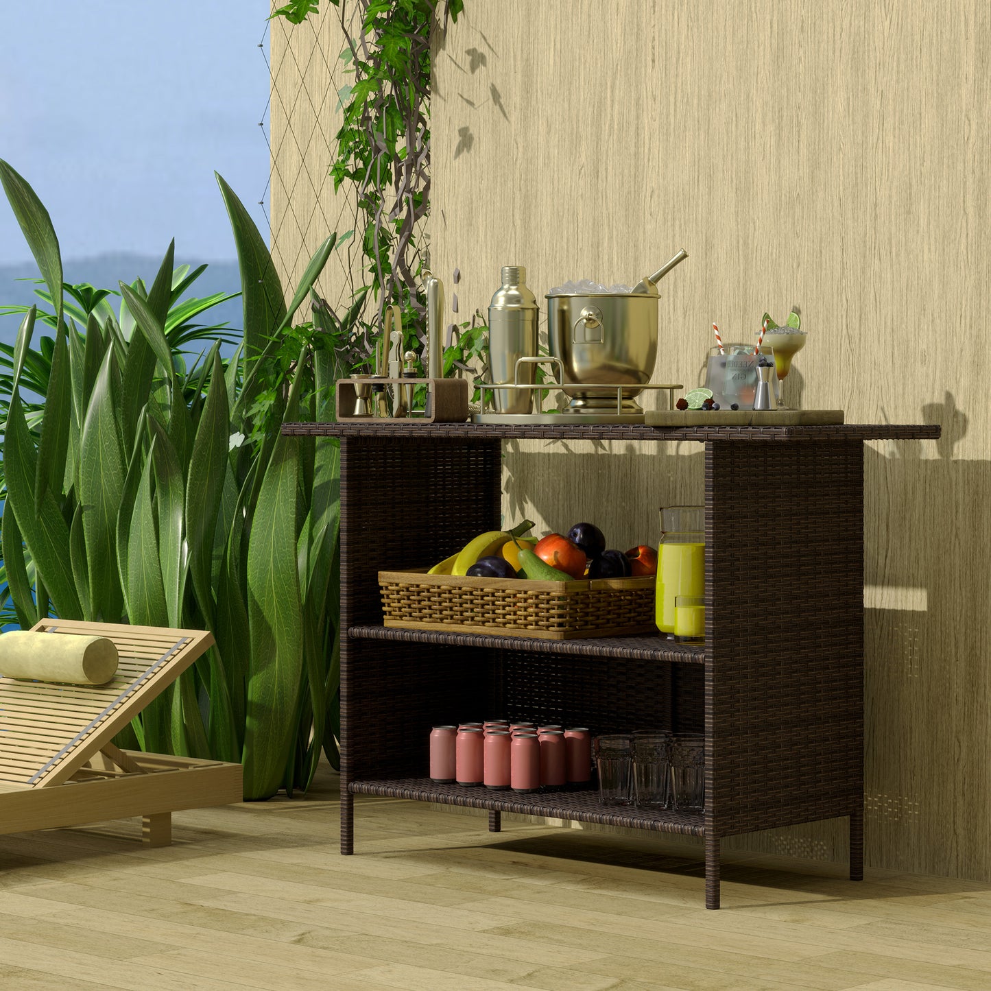 Wicker Outdoor Bar Table, PE Rattan Bar Height Patio Table with 2 Shelves, Steel Frame for Garden, Backyard, Dark Grey