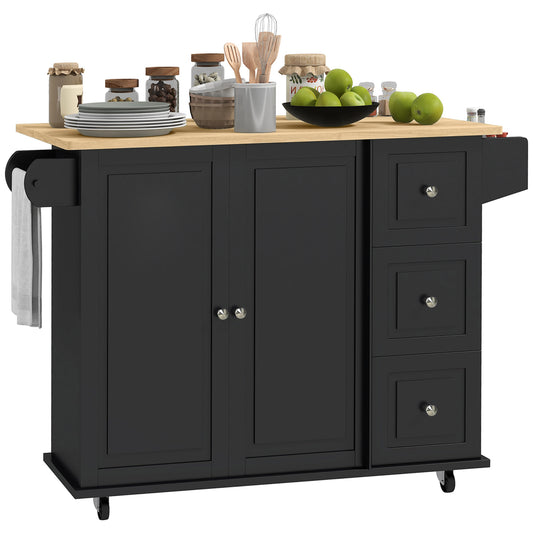 Rolling Kitchen Island with Drop Leaf and Drawers - Black