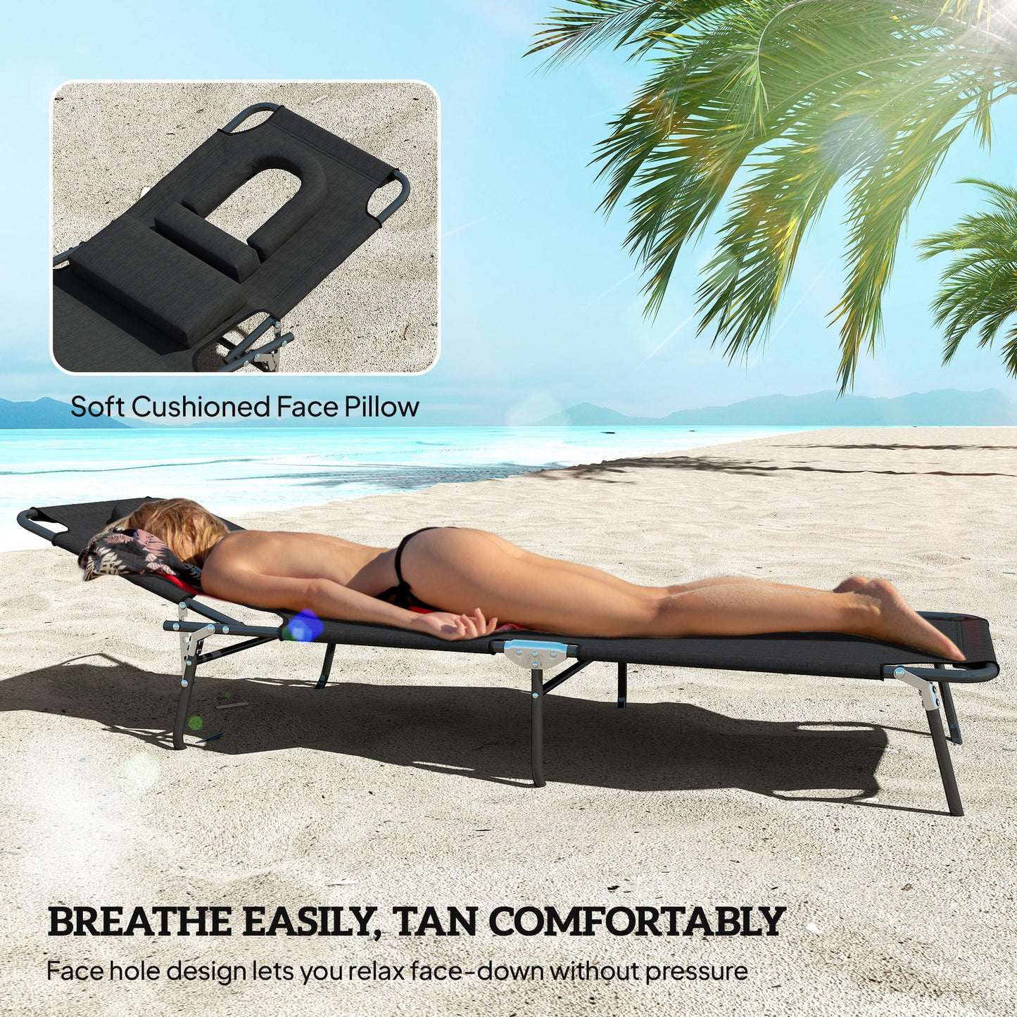 Folding Lounge Chair Set of 2, Reclining Beach Tanning Chair with Face Hole, Pillow, 4-Position Adjustable Flat Sun Lounger, Steel Frame for Outdoor Patio Pool, Green