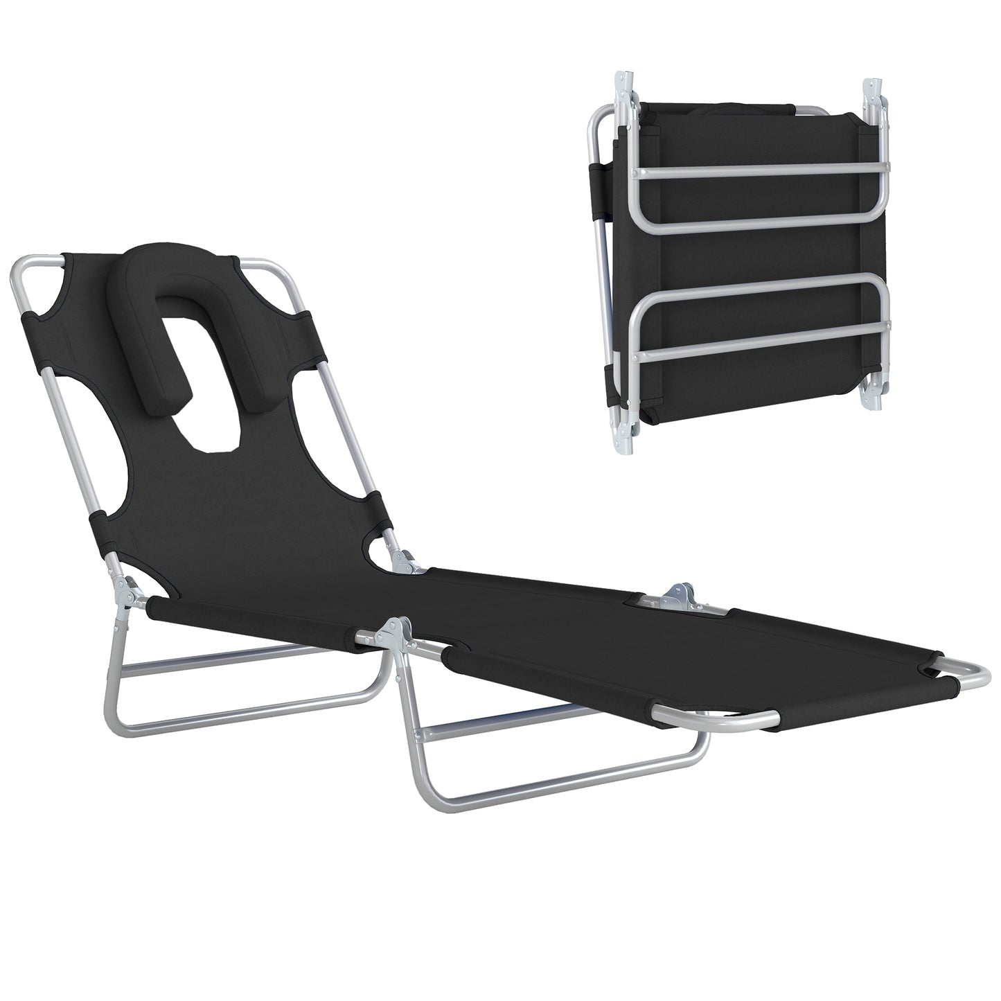 Folding Lounge Chair Outdoor, Tanning Chair with Face Hole Arm Slots, Beach Chaise Lounger with Pillow, 5-Position Adjustable Portable Sun Lounger Bed for Pool, Black