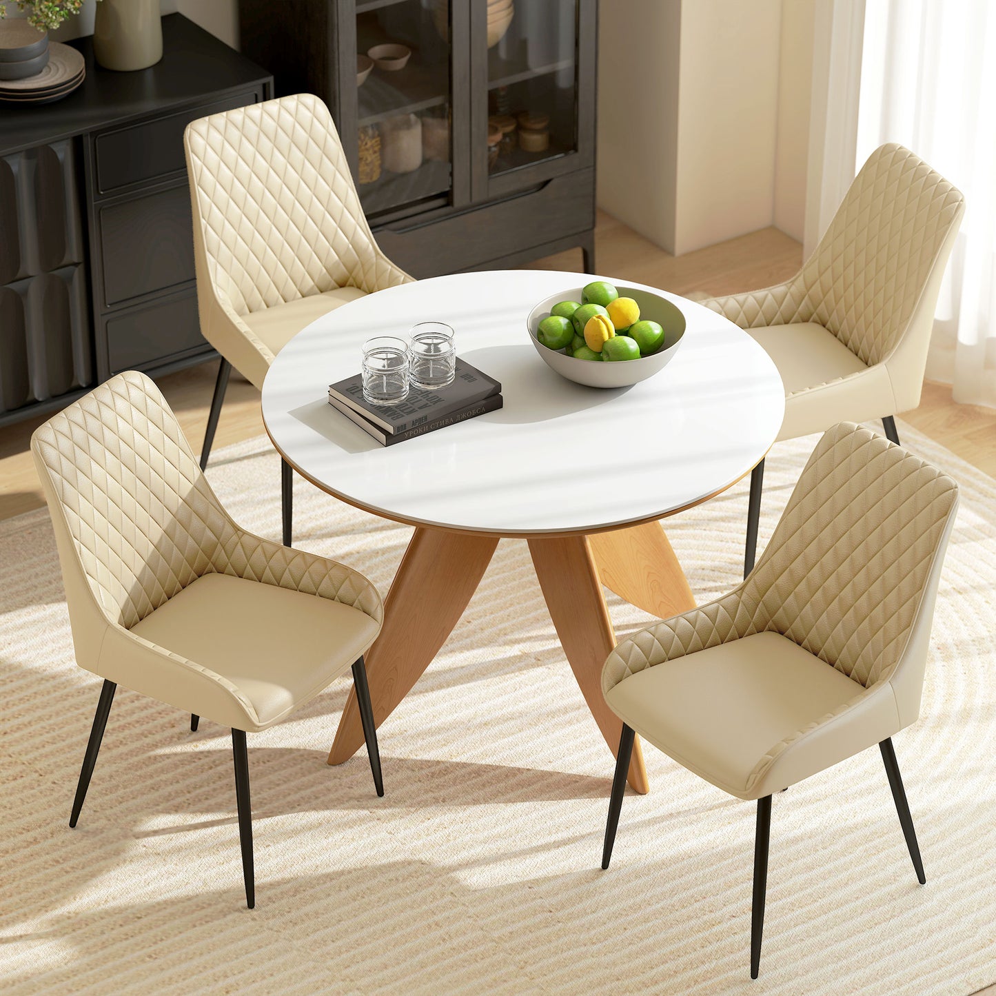Upholstered Kitchen Chairs, Modern Dining Chairs Set of 4 with Diamond Tufting and Steel Legs for Dining Room, Khaki