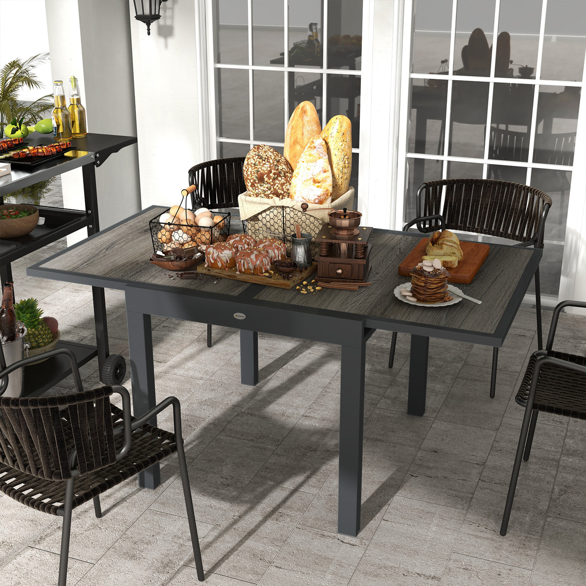 Extendable Dining Table, Rectangular Patio Outdoor Table with Aluminum Frame and Plastic Board Tabletop for Lawn, Grey