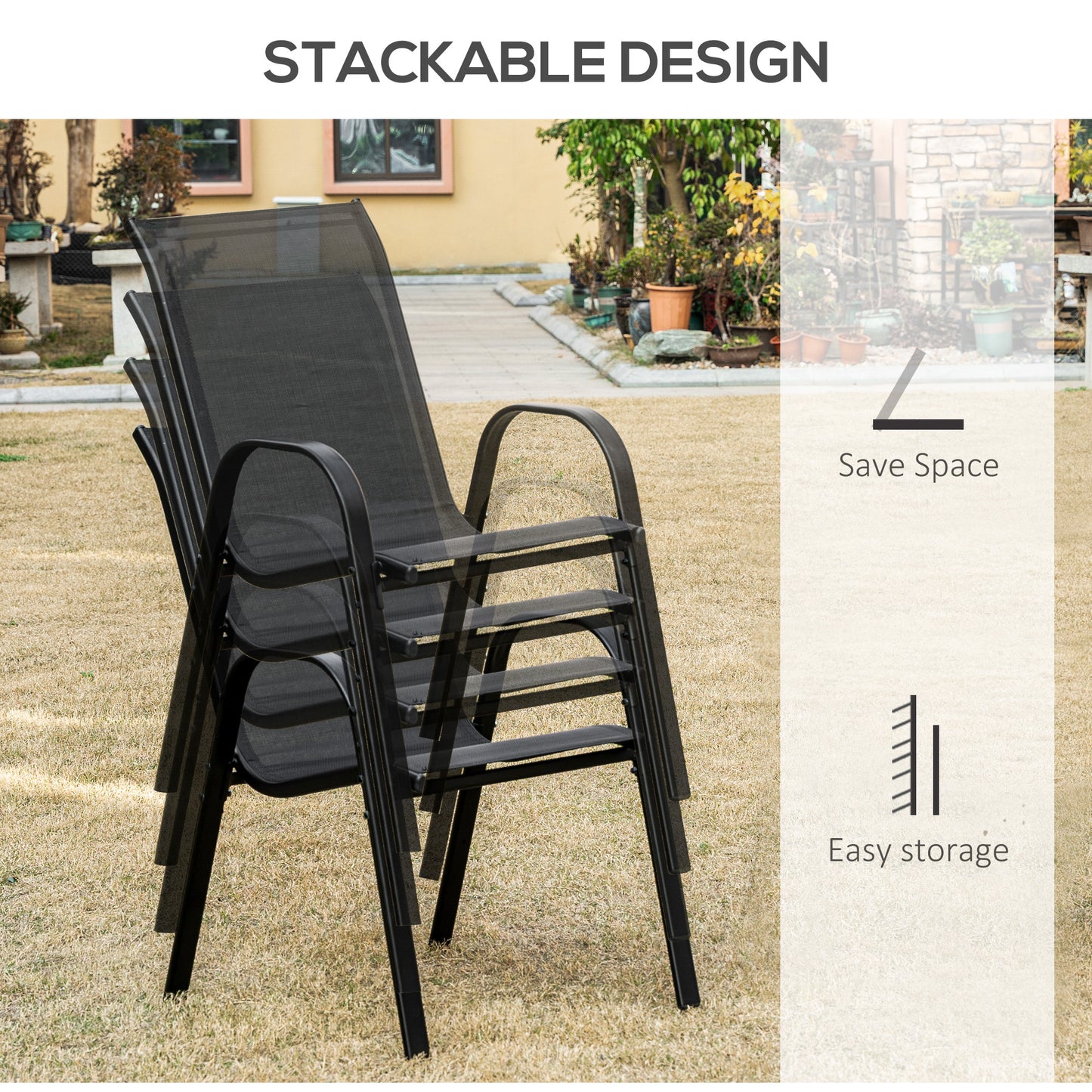 4-Piece Outdoor Dining Chair for Relaxing on Patio Balcony Garden, Comfortable Outdoor Furniture with Armrests, Black