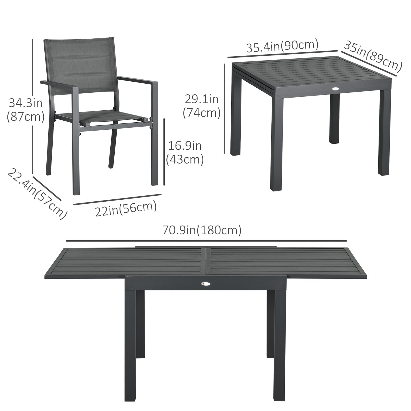 Patio Dining Set for 6, Aluminum Expandable Outdoor Table and 6 Stackable Chairs with Padded Back, Mesh Seat, Black