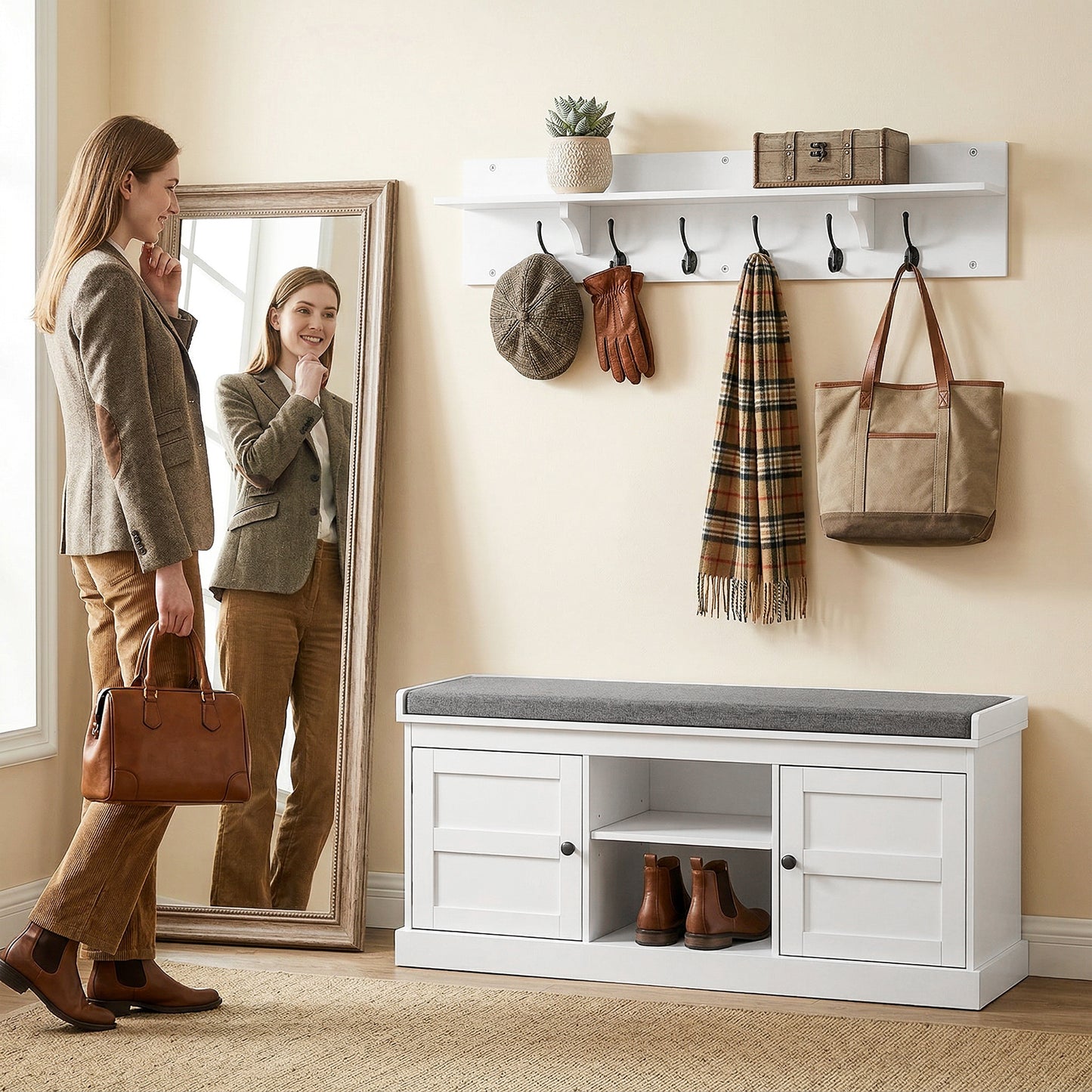 2 in 1 Coat Rack Shoe Bench Set with 6 Hooks and Shoe Storage Bench, White and Grey