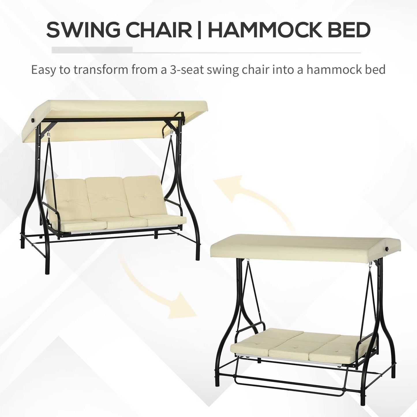 Convertible Patio Swing Bed with Canopy and Cushions, 3 Seater Porch Swing for Outdoor, Backyard, Garden, Beige