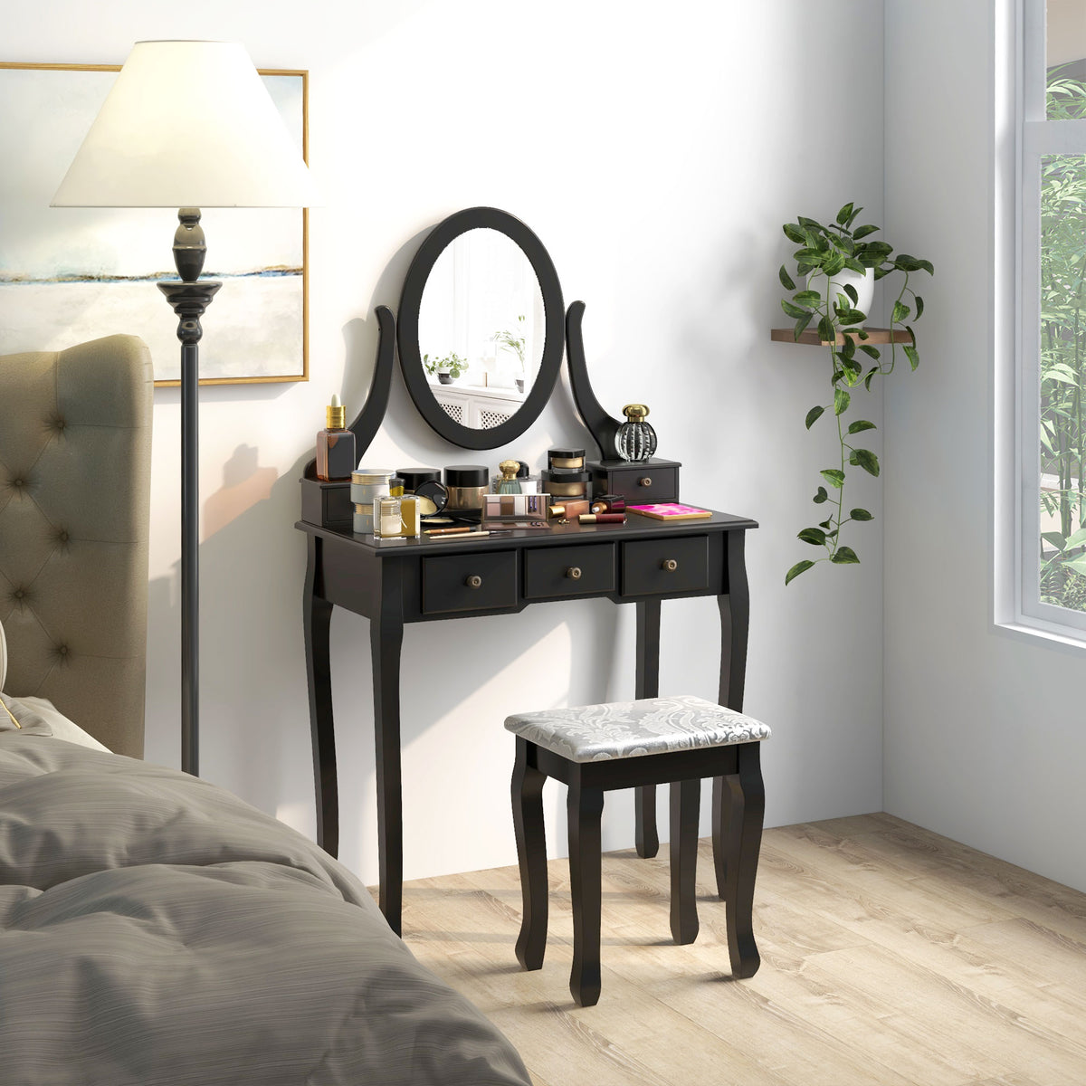 Vanity Desk with Stool, Makeup Vanity with 360° Rotating Oval Mirror, 5 Drawers and Padded Seat, Dressing Table for Bedroom, Black