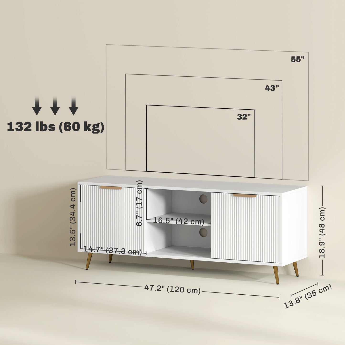 TV Stand with Storage for 55 Inch TV, Modern TV Cabinet with 2 Open Shelves and 2 Cabinets for Living Room, White