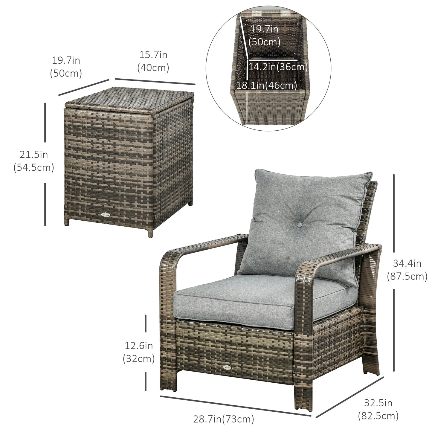 3 Pieces Wicker Patio Furniture Set, Rattan Bistro Set with Storage Coffee Table and Thickened Cushions, Outdoor Conversation Set for Garden, Porch, Balcony, Beige