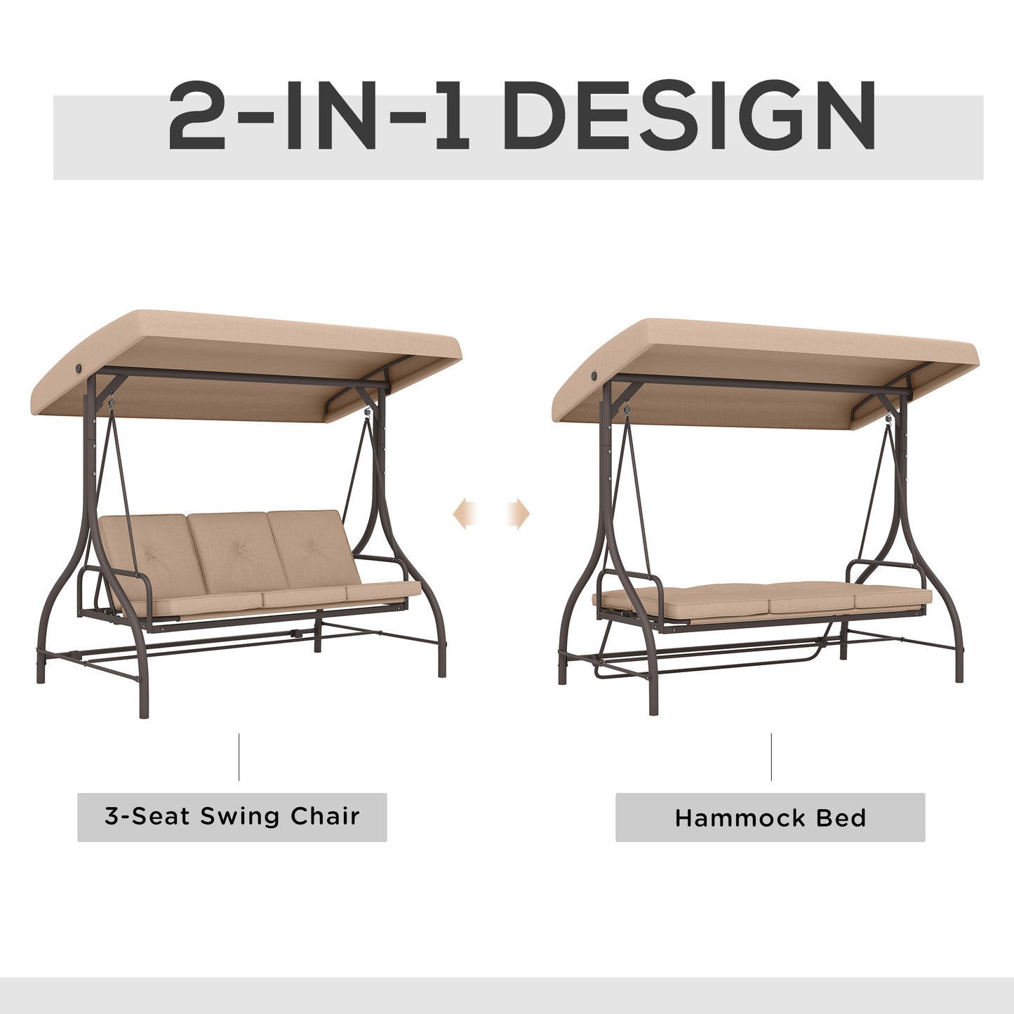 Convertible Patio Swing Bed with Canopy and Cushions, 3 Seater Porch Swing for Outdoor, Backyard, Garden, Black