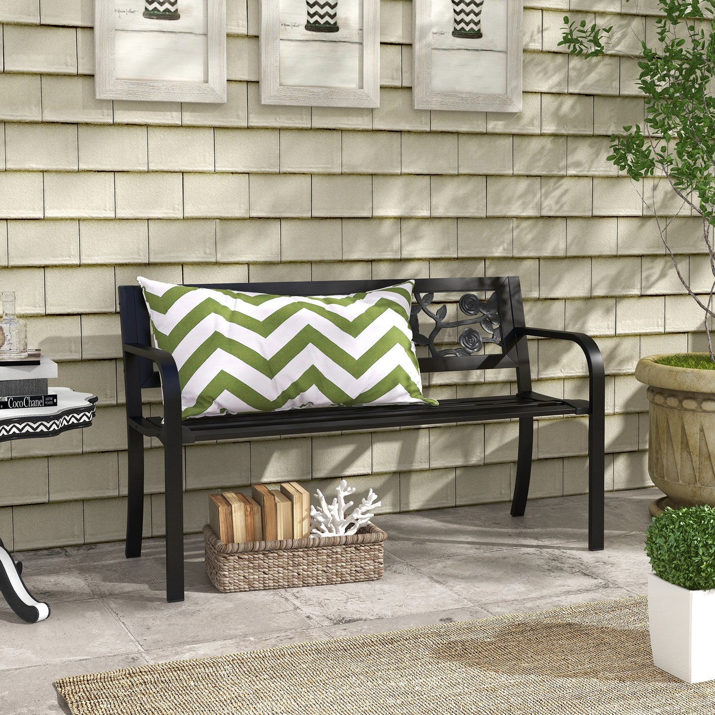 50" Outdoor Bench, Metal Frame Patio Loveseat with Floral Pattern Backrest, Cured Armrest, for Conservatory, Garden, Poolside, Deck, Black