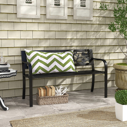 Black Metal Patio Loveseat with Floral Backrest