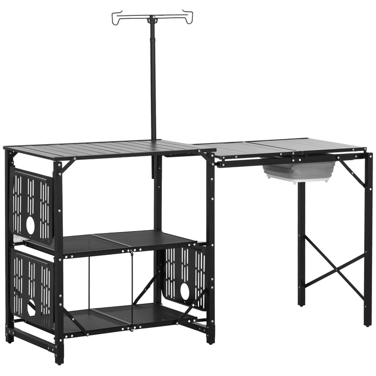 Black Folding Aluminum Camping Kitchen with 3 Side Tables