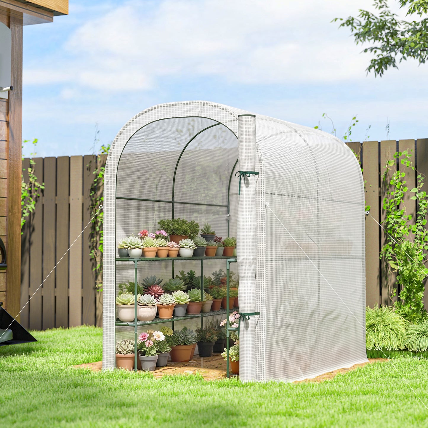 Walk-in Mini Greenhouse with Shelves, Portable Outdoor Greenhouse with Roll-up Door, 123 x 187 x 189 cm, White