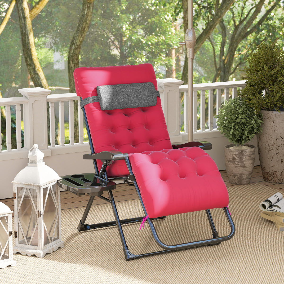 Padded Zero Gravity Chair, Folding Recliner Chair, Patio Lounger with Cup Holder, Adjustable Backrest, Removable Cushion for Outdoor, Deck, Poolside, Red