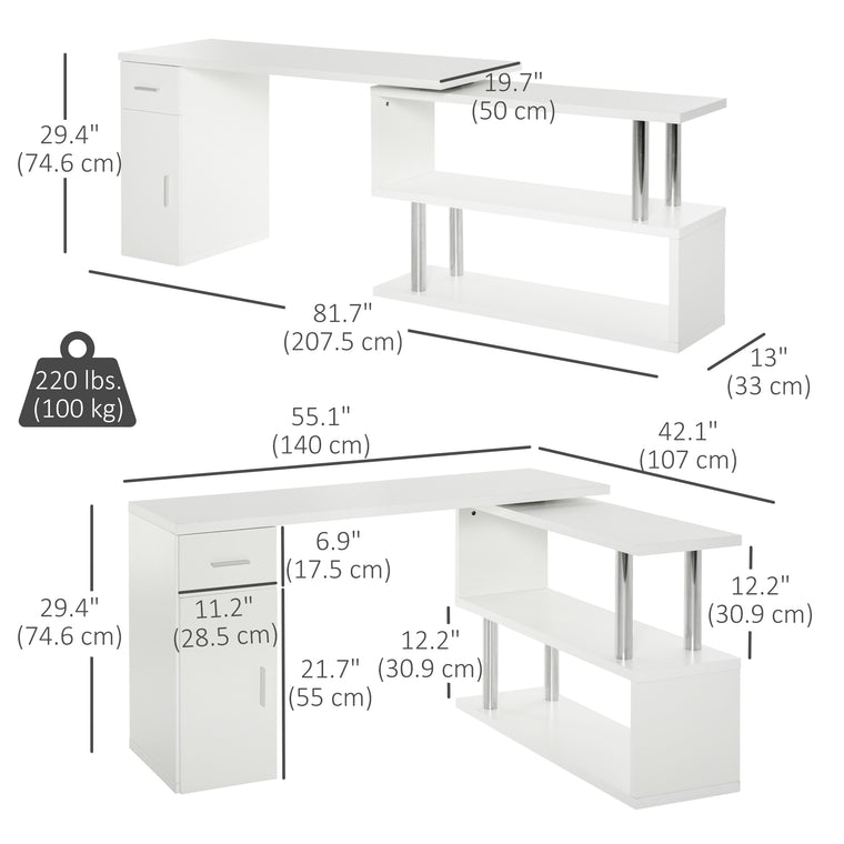 L-Shaped Rotating Computer Desk with Storage - White