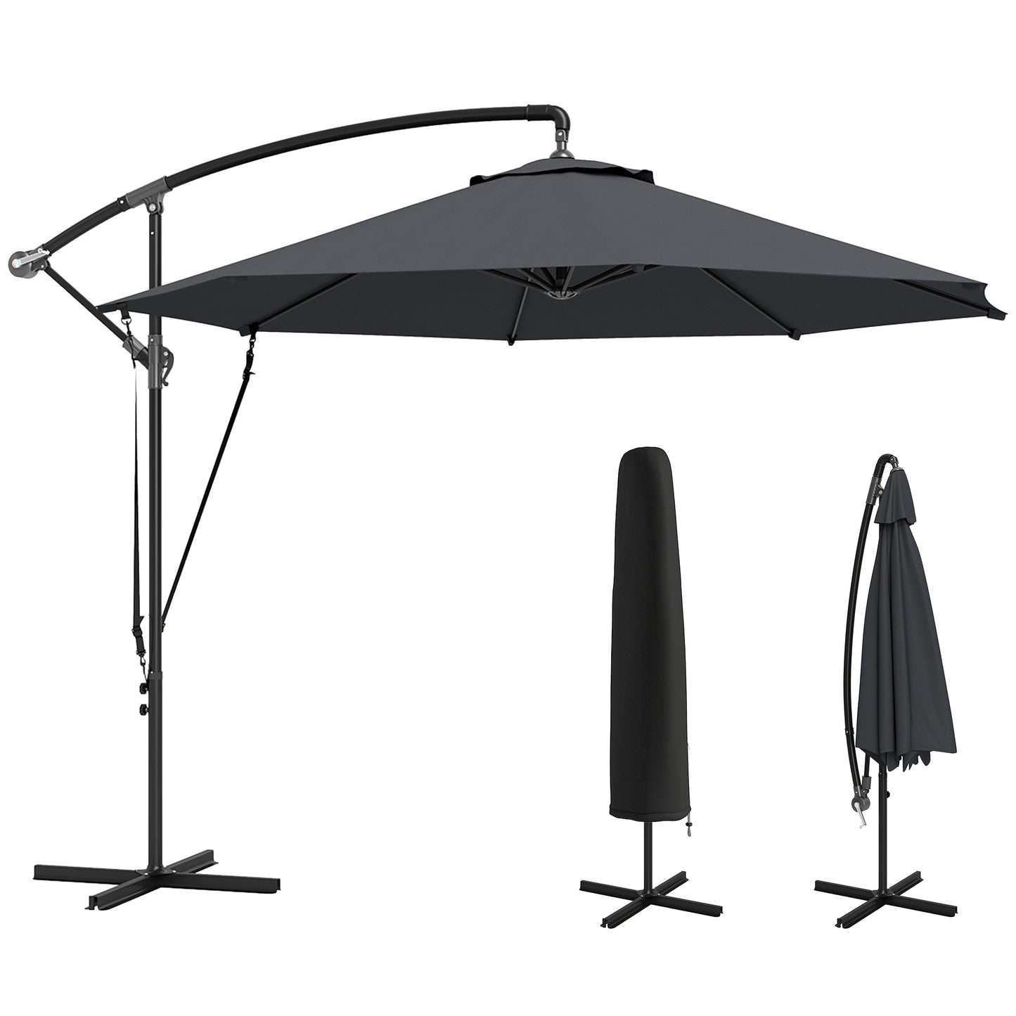 9.5' Cantilever Umbrella with Wind Protection Strap and Cover, Hanging Umbrella with Crank and Cross Base, UPF 50+, Grey