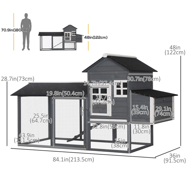 82" Grey Wooden Chicken Coop with Nesting Box & Run