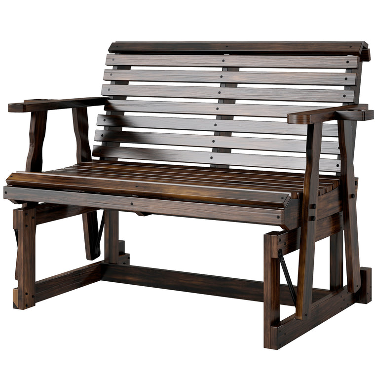 Wooden Glider Bench with Cupholders and Slatted Seat