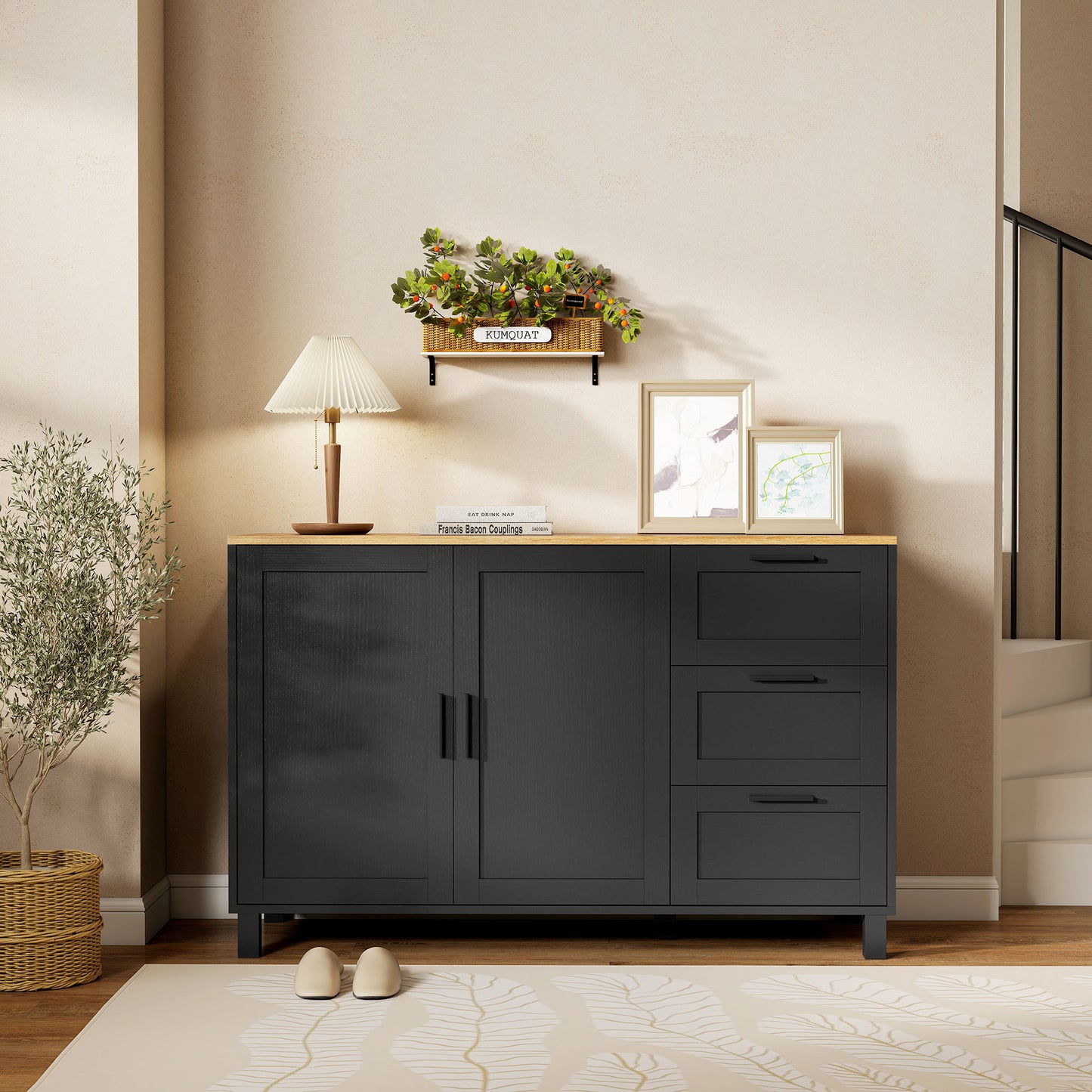 Buffet Cabinet with Soft-Close Doors, Modern Sideboard with 3 Drawers for Living Room, Kitchen, Dining Room, Black
