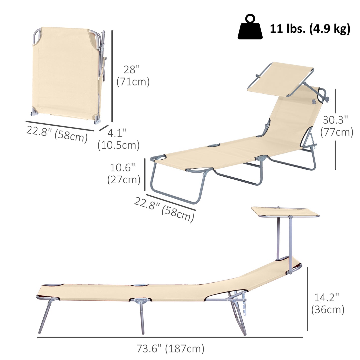 Outdoor Lounge Chair, Adjustable Folding Chaise Lounge, Tanning Chair with Sun Shade for Beach, Camping, Hiking, Backyard, Light Grey