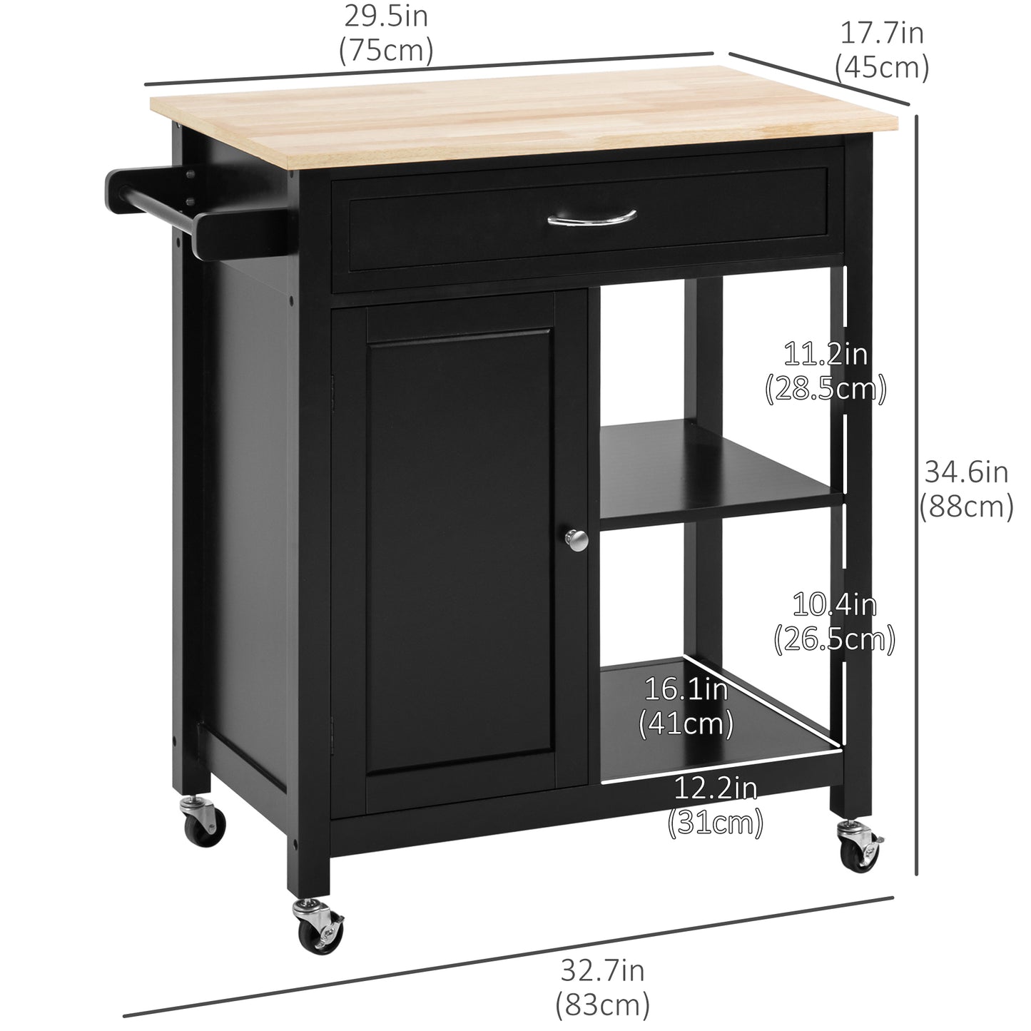 Rolling Kitchen Cart with Wood Top and Drawer, Kitchen Island on Wheels for Dining Room, Black