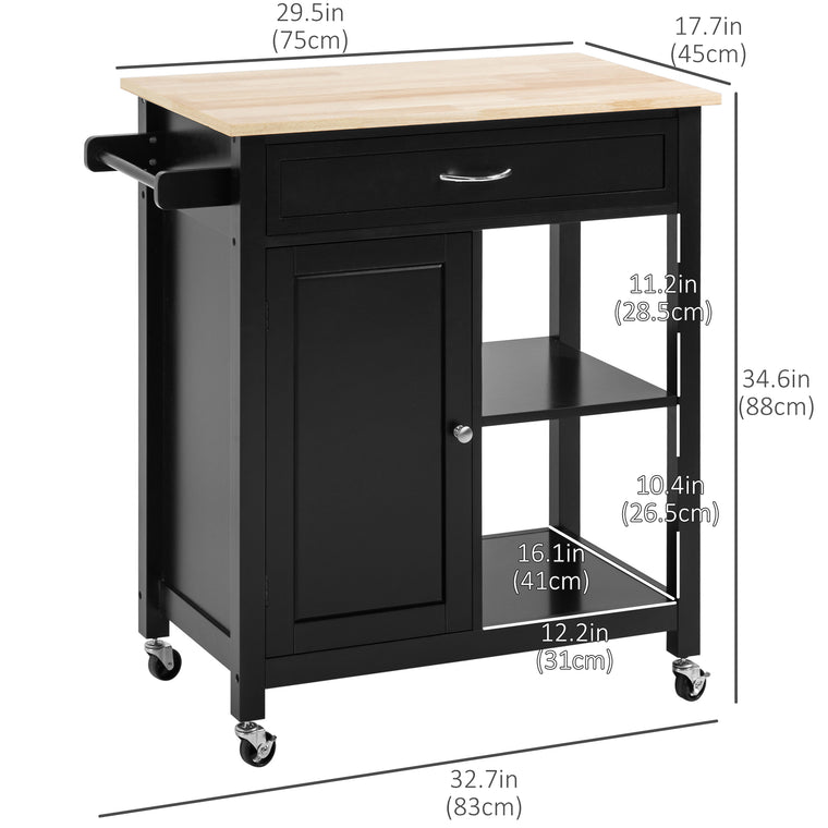 Rolling Kitchen Cart with Wood Top and Drawer - Black