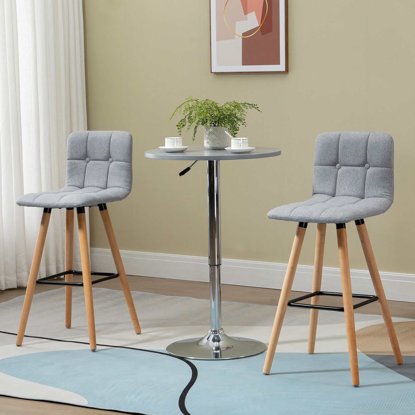 Modern Bar Stools Set of 2, 38" Upholstered Kitchen Island Stool with Solid Wood Legs, Grey