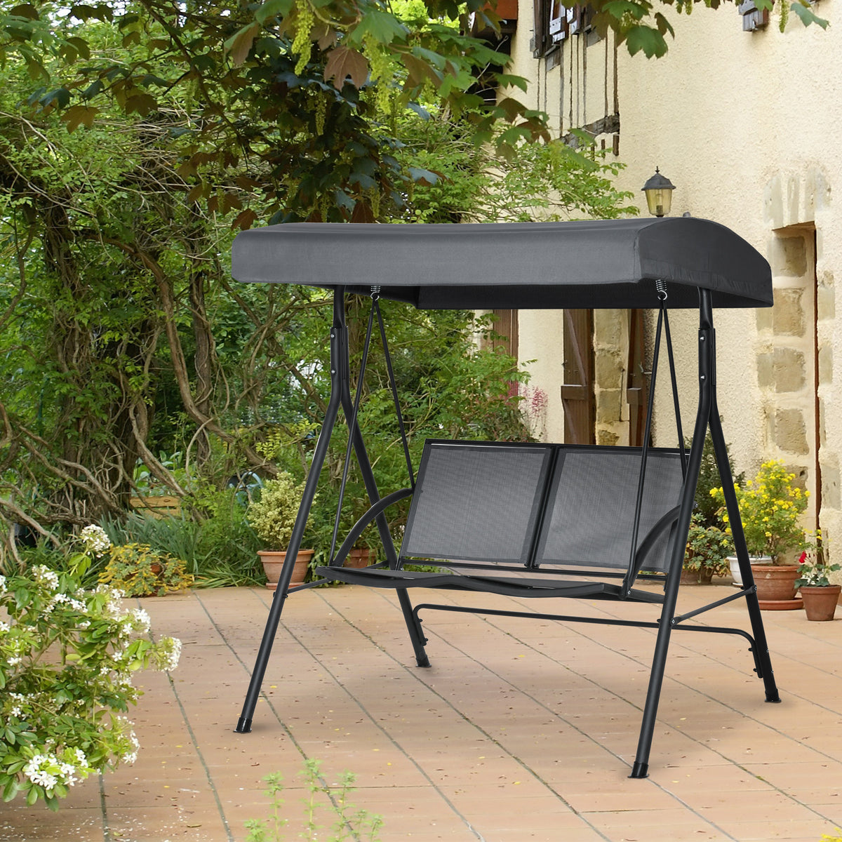 2-Seat Patio Swing Chair, Outdoor Porch Swing Glider w/ Tilting Canopy and Weather Resistant Steel Frame, Dark Grey