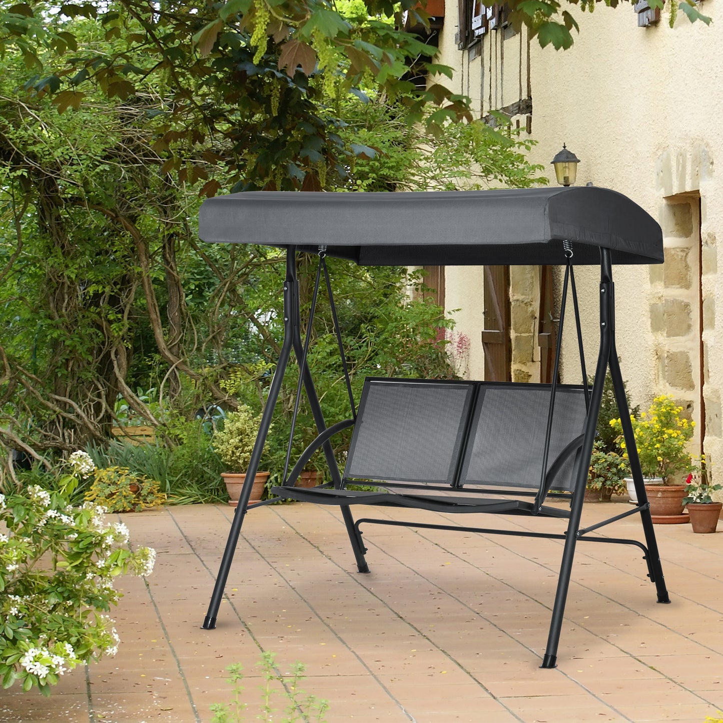 2-Seat Patio Swing Chair, Outdoor Porch Swing Glider w/ Tilting Canopy and Weather Resistant Steel Frame, Dark Grey