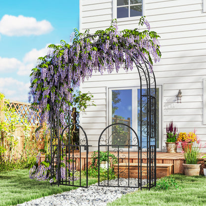 7.4' Black Steel Garden Arch with Gate & Trellis