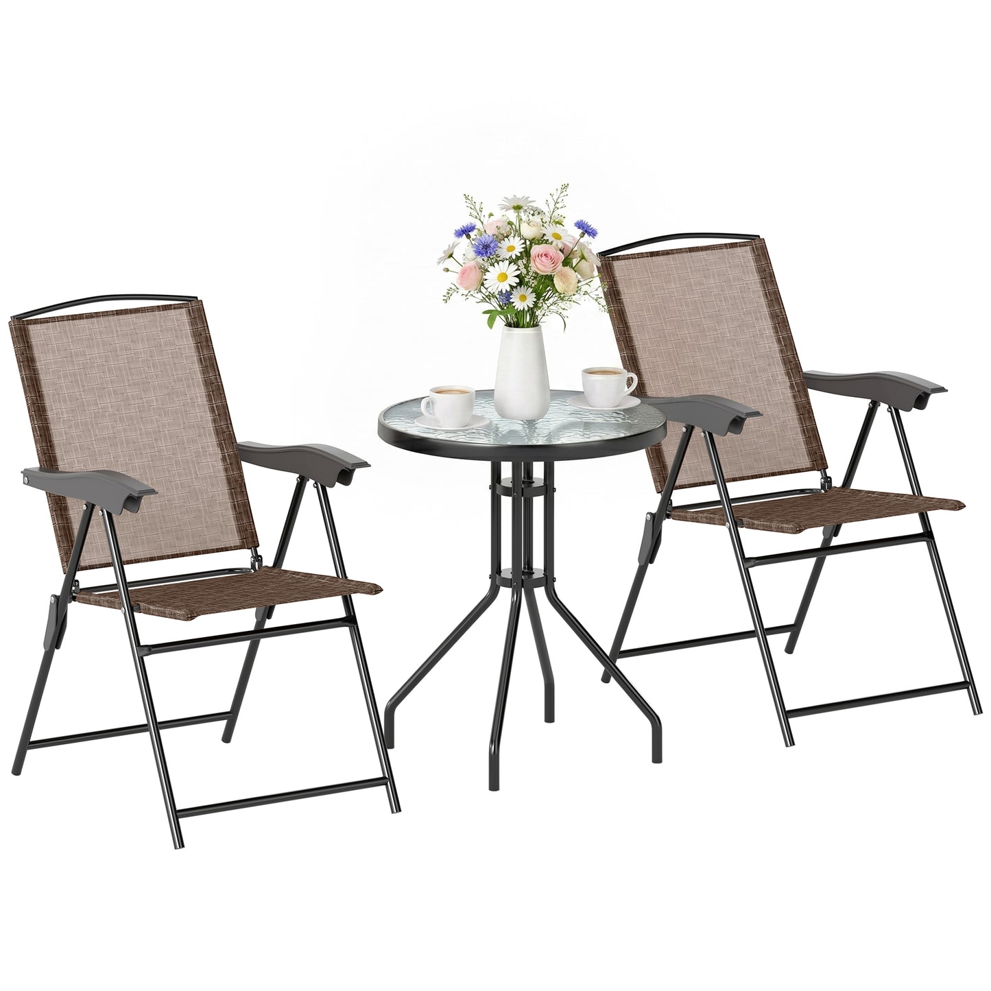 Folding Outdoor Bistro Set, Patio Table and Chairs with Reclining Backrest and Round Dining Table, Brown