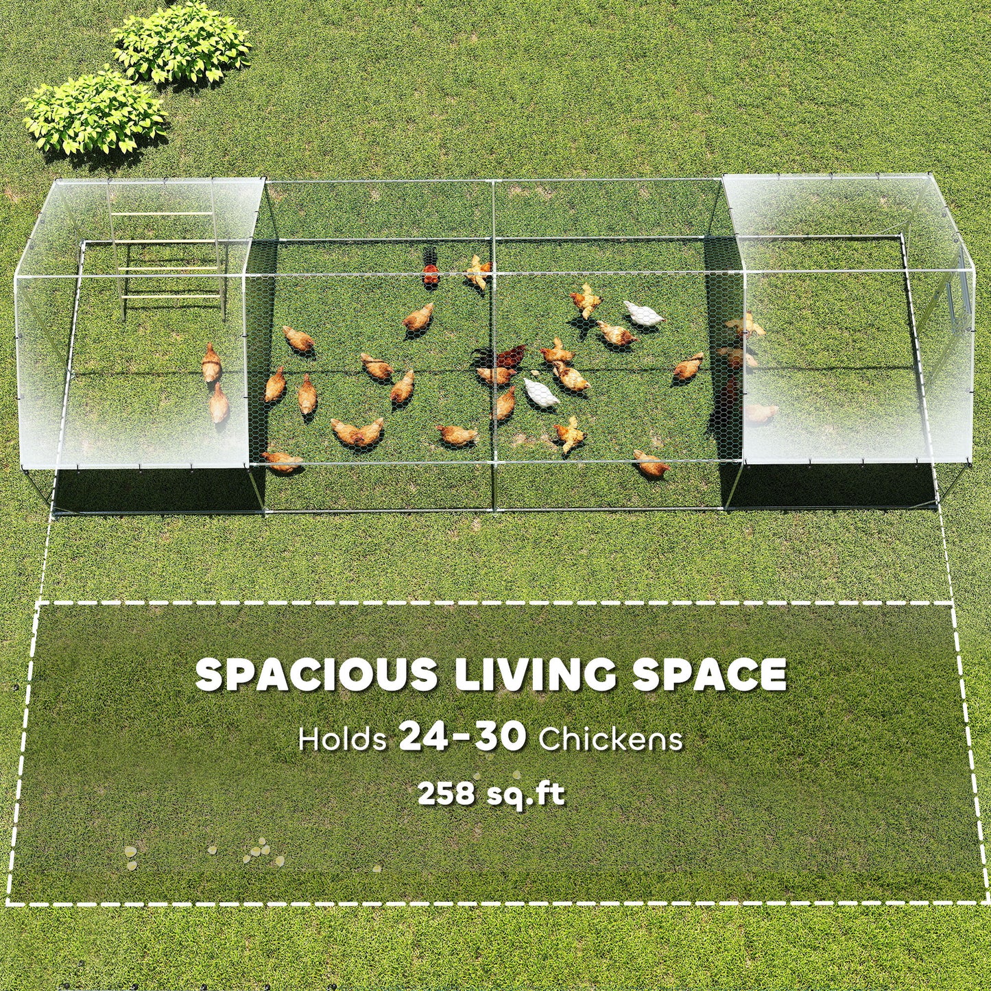 Large Metal Chicken Run with Waterproof & UV-Resistant Cover, Feeding Door, Hanging Feeder, Perch, for 24-30 Chickens