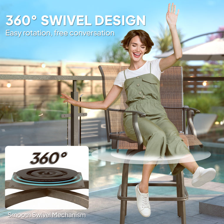 Brown Swivel Bar Stools with High Back and Armrests