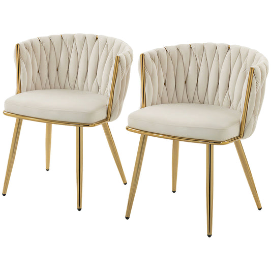 Velvet Dining Chairs Set of 2 with Woven Backrest - Cream White