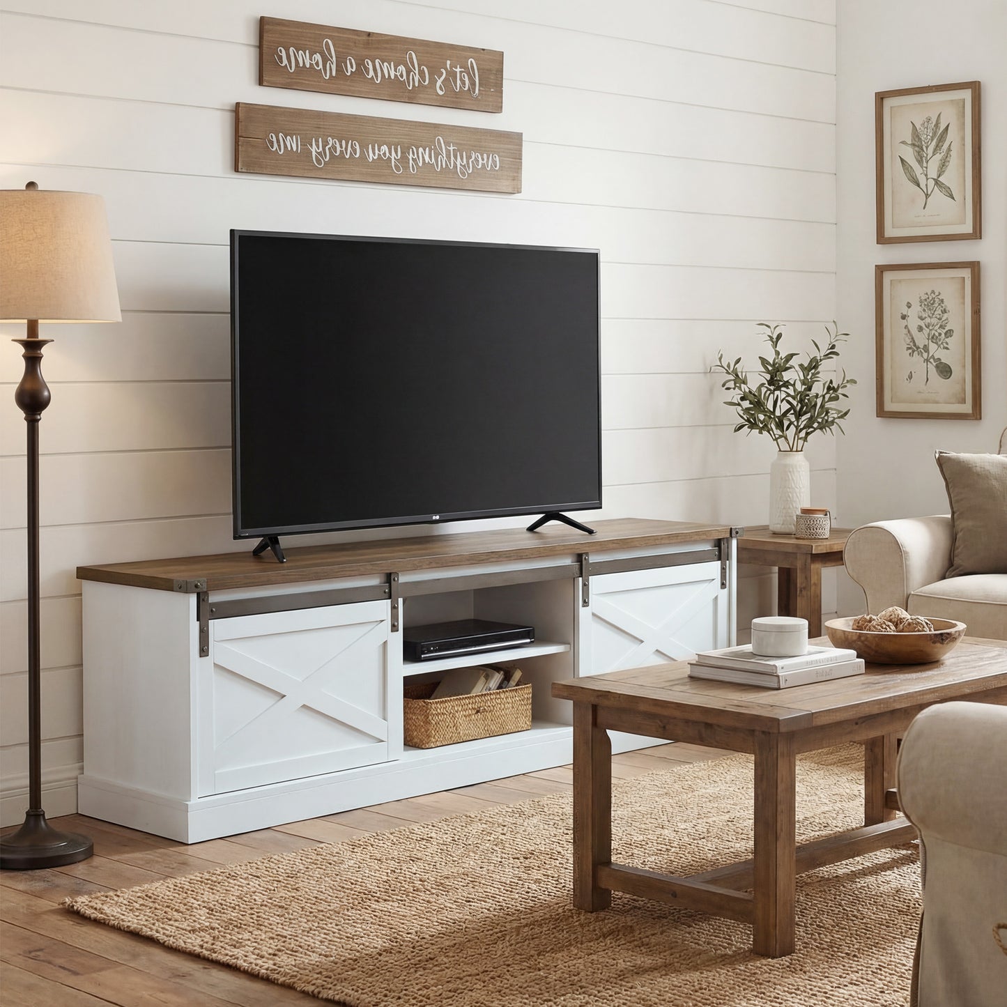 TV Stand for TVs up to 65 Inch, Entertainment Center with Shelves, Cabinets, Sliding Barn Doors, Thick Top, White