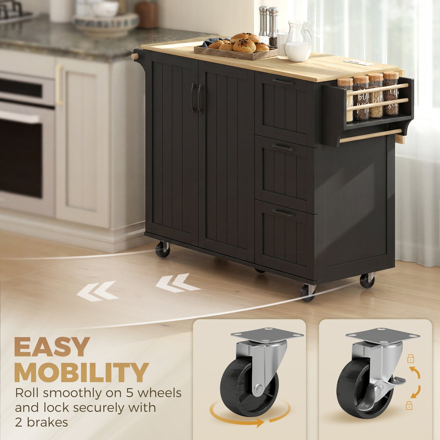 Kitchen Island with Drop Leaf, Rolling Kitchen Cart with Power Outlet, Cabinet, 3 Drawers, Spice Rack, Towel Bar, Black